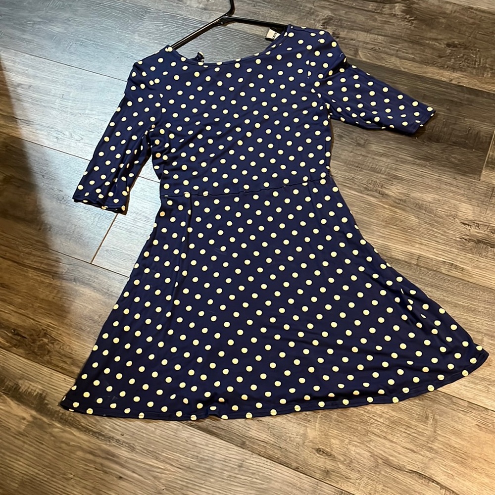 Navy blue and white polkadot flared mini dress